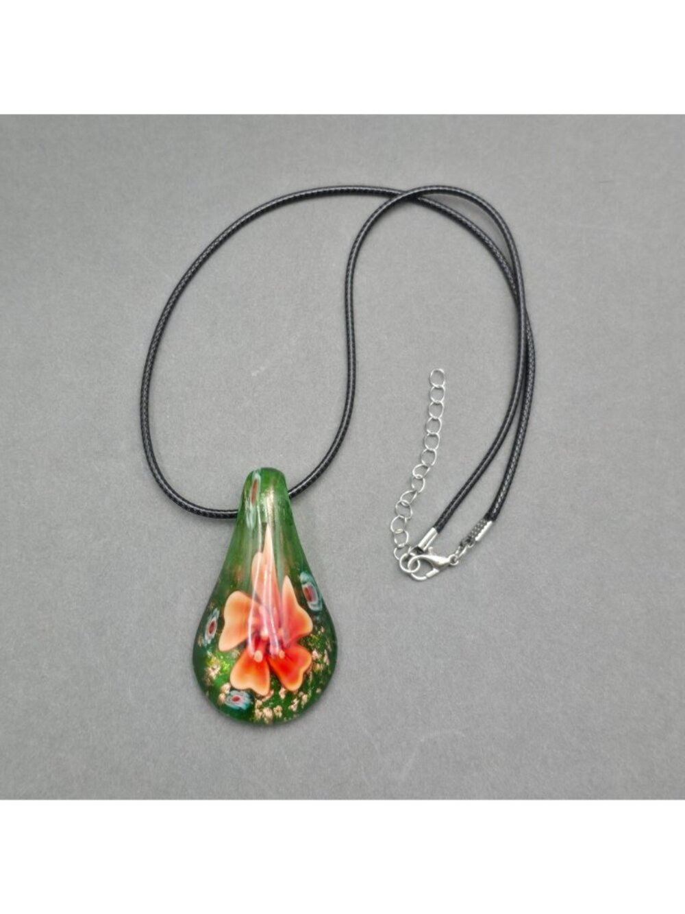 Artisan Glass Teardrop Pendant Necklace Orange Floral Millefiori Gold Foil - Picture 7 of 16